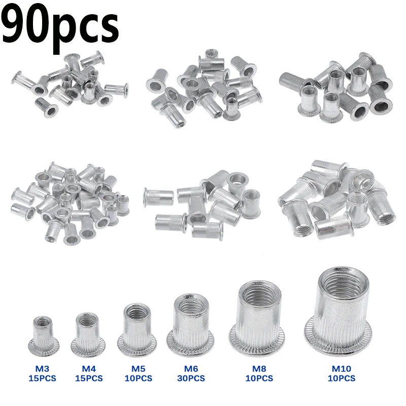 90Pcs M3 M4 M5 M6 M8 M10 Rivet Nut Aluminum Flat Head Rivet Nuts Set Insert Reveting Multi Size Nuts Tool