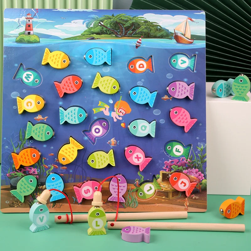 

Children Wooden Fishing Learning Alphanumeric Toys Montessori Preschool Education Cognition Letter Digital Fishing Games Toys