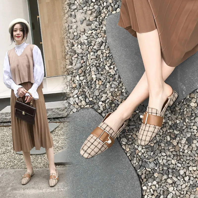 

2019 New Style Casual Loafers Women's Slip-on Chunky-Heel Low Documentary Shoes Genuine Leather Low-Cut Square Head Plaid Spring