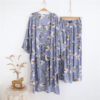 

Autumn Ladies Cotton Pajamas Suit 3Pcs Long Sleeve Trousers Home Service Robe Gown Lounge Negliger Home Clothes