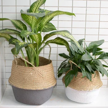 

Seagrass Folding Handmade Storage Basket Decorative Rattan Plant Flower Pot Woven Wicker Belly Laundry Basket Home Decor