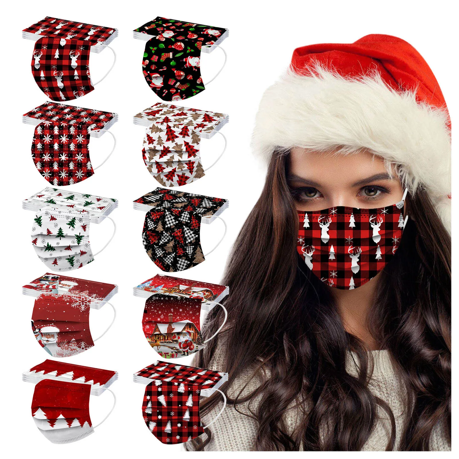 10PC Adult Christmas Mask Tree Printed Disposable Face 3Ply Ear Loop Fabric masks for woman men Masque de Noël | Тематическая