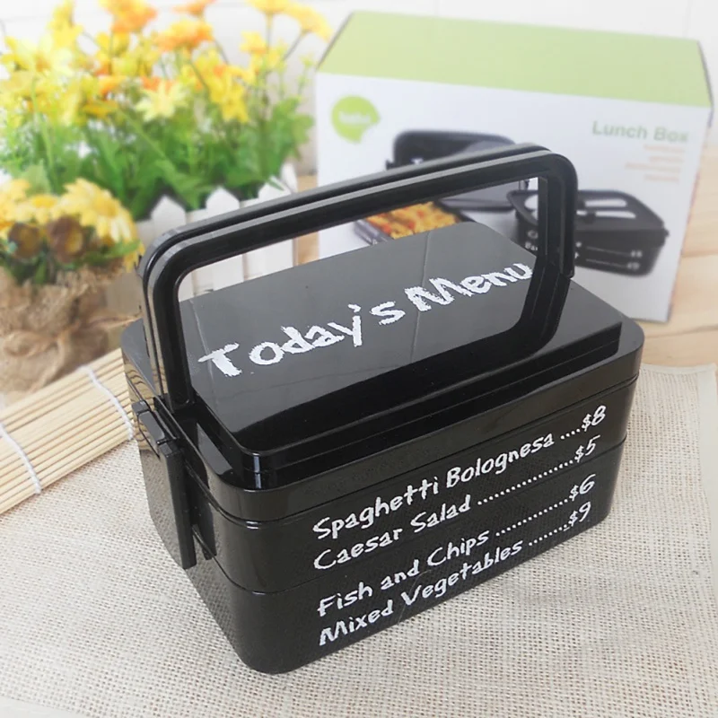 

Household Portable Square Shape Lunch Box Concise Black/Green Double Layer Plastic Hand Held Microwave Lunch Box