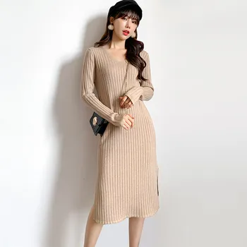 

Autumn Winter Lazy Oaf V Neck Sweater Dress Women Slim Side Slit Long Ribbed Knitted Dresses Ladies robe pull