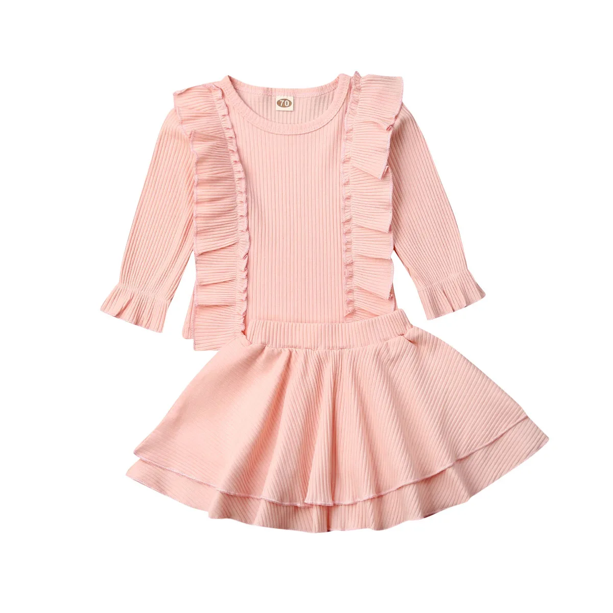 0-24M Cute Newborn Baby Girl Solid Color Long Sleeve Ruffles T-shirt Tops A-line Skirt 2PCS Outfits Baby Clothing Set - Цвет: Розовый