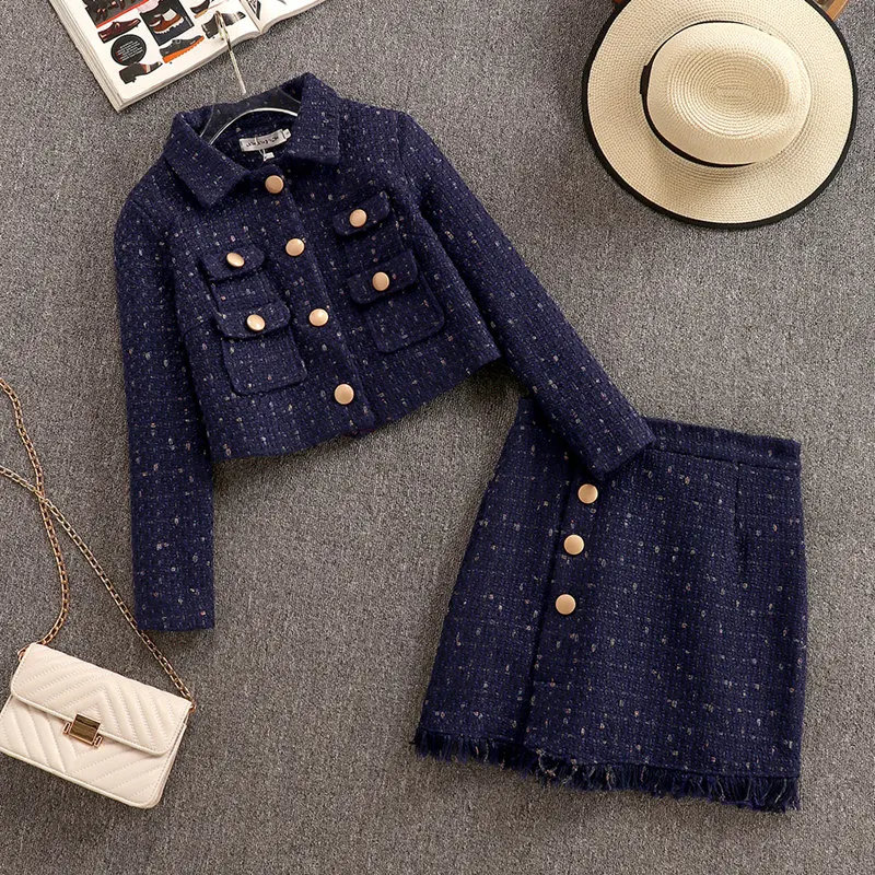 

New Autumn Clothes Women's Small Fragrance Coarse Tweed Coat + Short Button Skirt Two-piece Suit Female Woolen Skirt Set