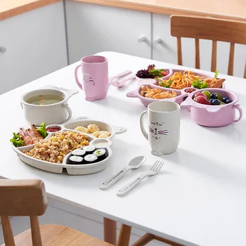 

Wheat Straw Food Children's Dinner Plate Set Bowl Lunch Box Baby Cartoon Divided Rice Plate Cartoon Kid Tray