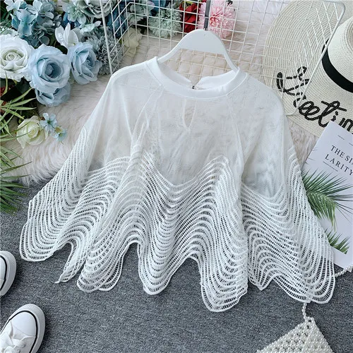 

2020 Summer Fashion New Hollow Out Perspective Lace Shirts Wave Stripe Blouse Women Loose Horn Sleeves Short Blouses Tops Femme