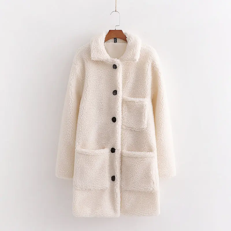 Everkaki Boho Lambs Fur Coats Jacket Women Winter Pocket Elegant Ladies Casual Teddy Fur Long Thick Jacket Coats Female New