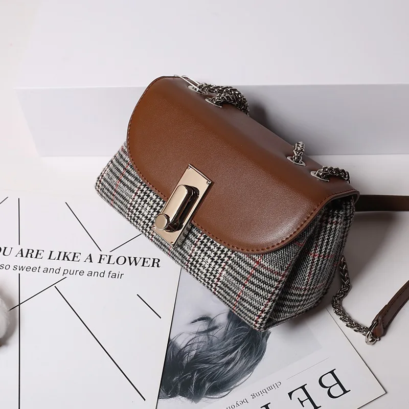 

Plaid Pattern Genuine Leather Women Shoulder Bag Chain Lock Flap Handbags Famous Designer Tote Drop Shipping High Quality Social