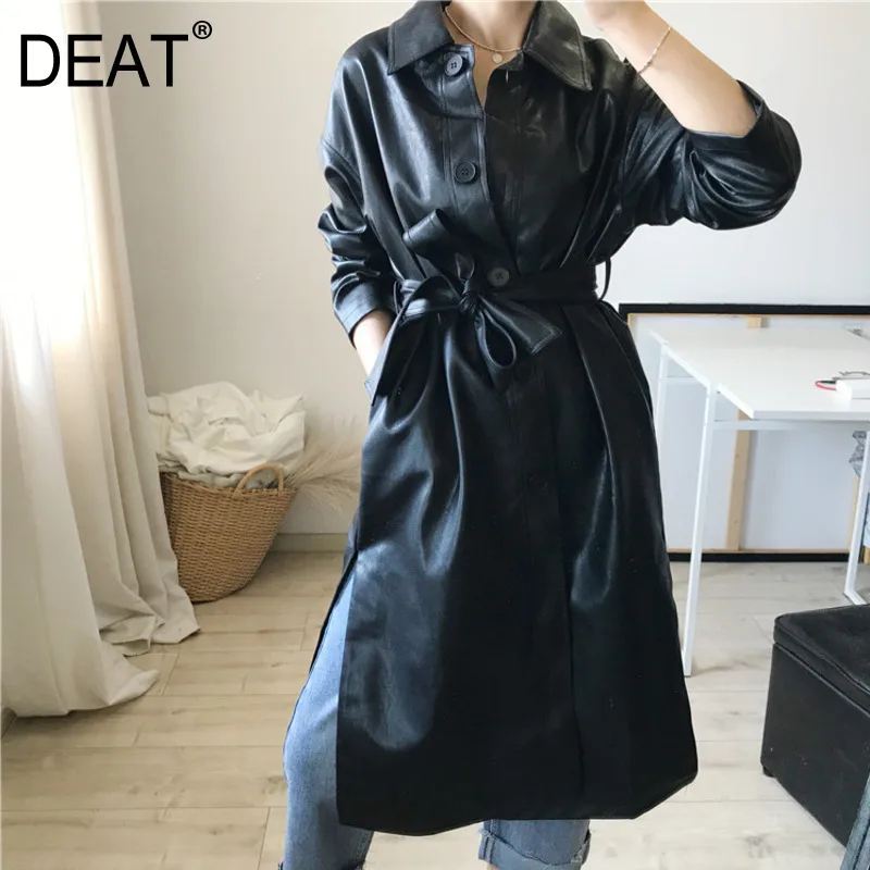 DEAT autumn and winter 2019 new turn-down collar PU high leather single breasted sashes over sized windbreaker WJ12801L | Женская одежда