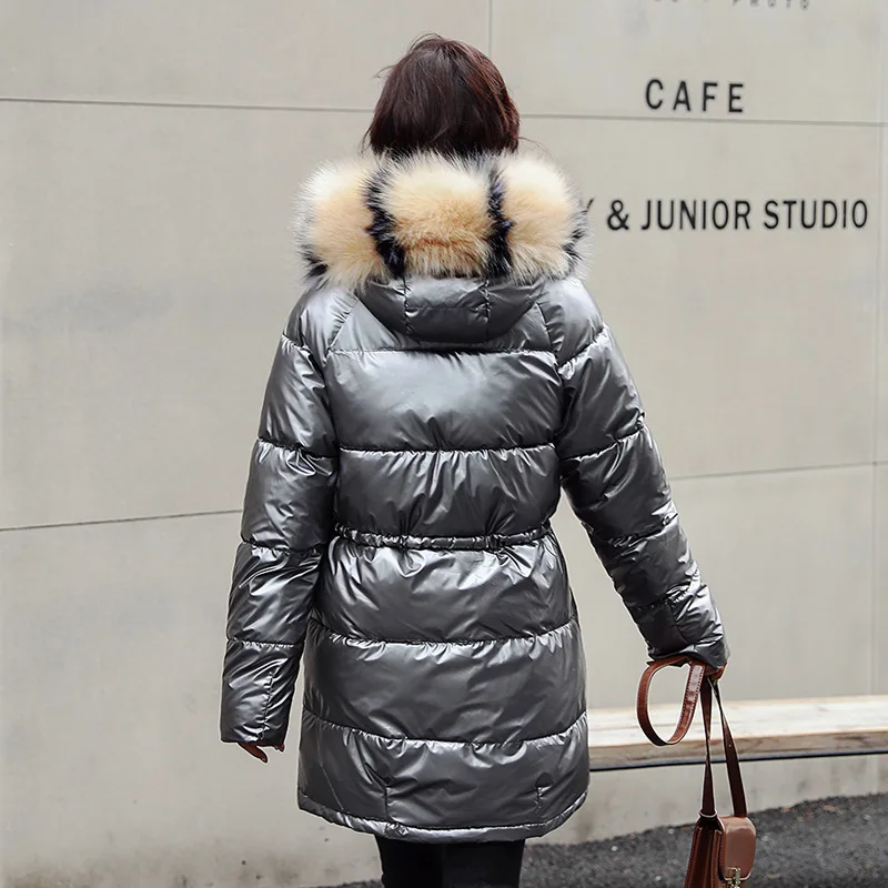 dark gray coat FORERUN, зимнее длинное пальто для женщин, Большая Меховая куртка с капюшоном, глянцевые Серебристые куртки-пузырь, однотонные парки с хлопковой подкладкой, Manteau Femme Hiver - Цвет: dark gray coat