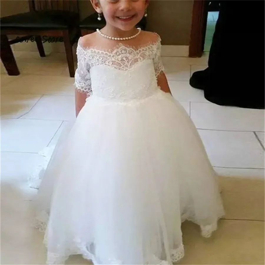 Cheap White Flower Girl Dresses With Sleeves Boat Neck Princess Tulle Kids Pageant Dress Lace Gown komunia Robe fille ceremonie
