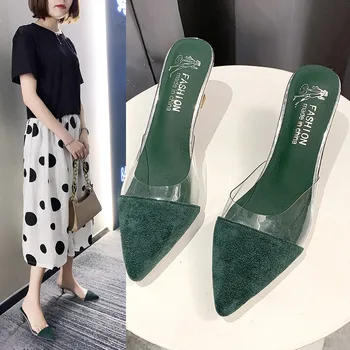 

Shallow Transparent Slippers Loafers High-heeled Shoes Lady Med Slides Mules For Women 2020 Cover Toe Flock Thin Heels Heeled