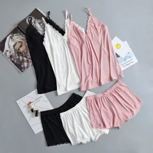 Эластичный удобный свободный размер из двух частей шорты пижамы Спагетти ремень мягкий хлопок 1 Комплект пижамный комплект сексуальный кружевной топ