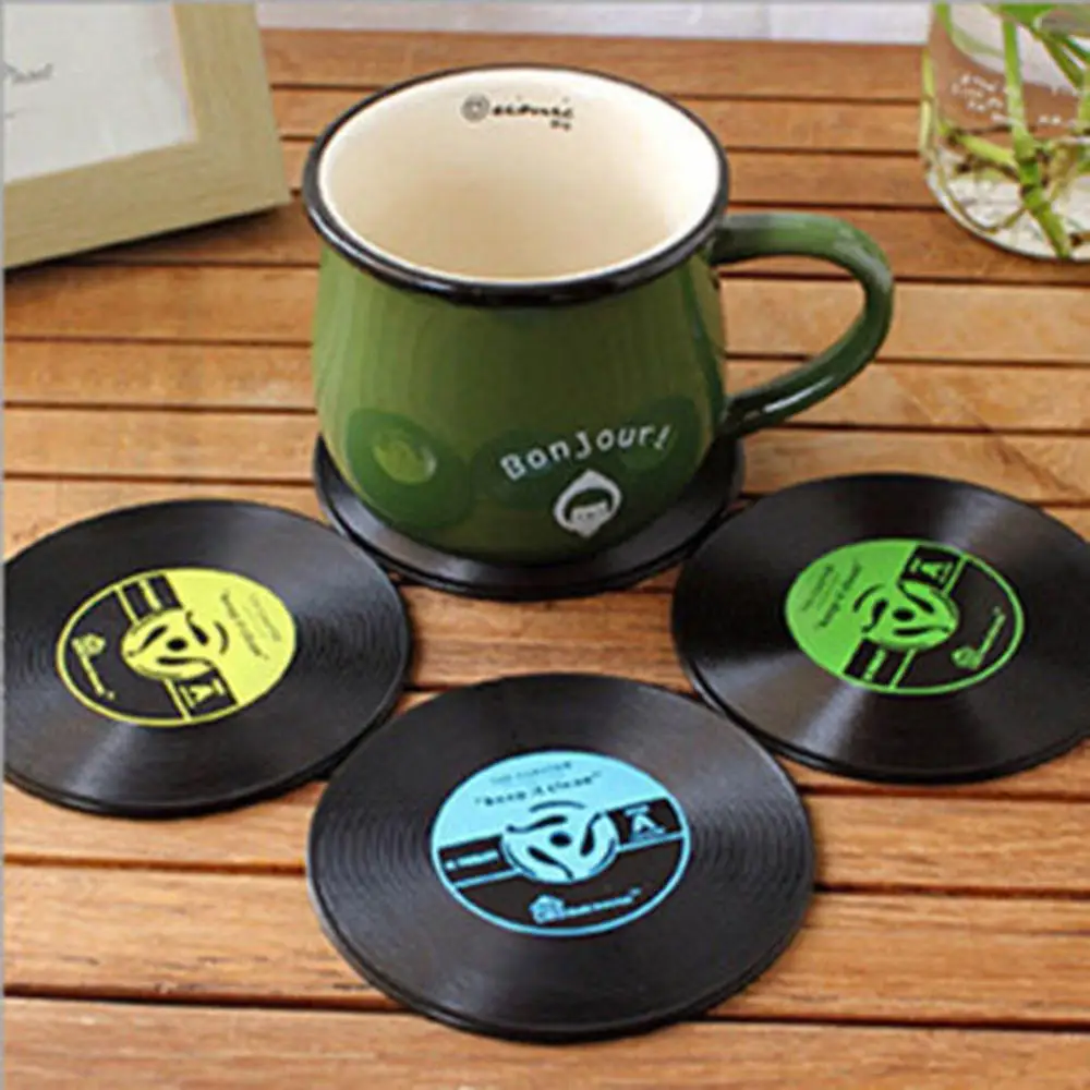 4 Pcs Retro CD Record Placemat Coffee Drink Cup Mat Coasters Silicone Tableware 