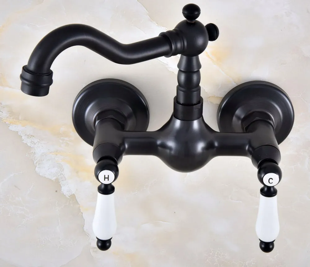

Black Oil Rubbed Bronze Bathroom Kitchen Sink Faucet Mixer Tap Swivel Spout Wall Mounted Two Handles mnf868
