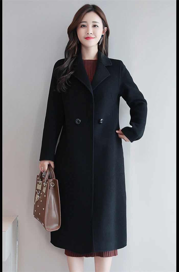 Women Woolen Coat Autumn Winter New Double-breasted Long Sleeve Loose Coats Turn-Down Collar Outwear Plus Size S~3XL