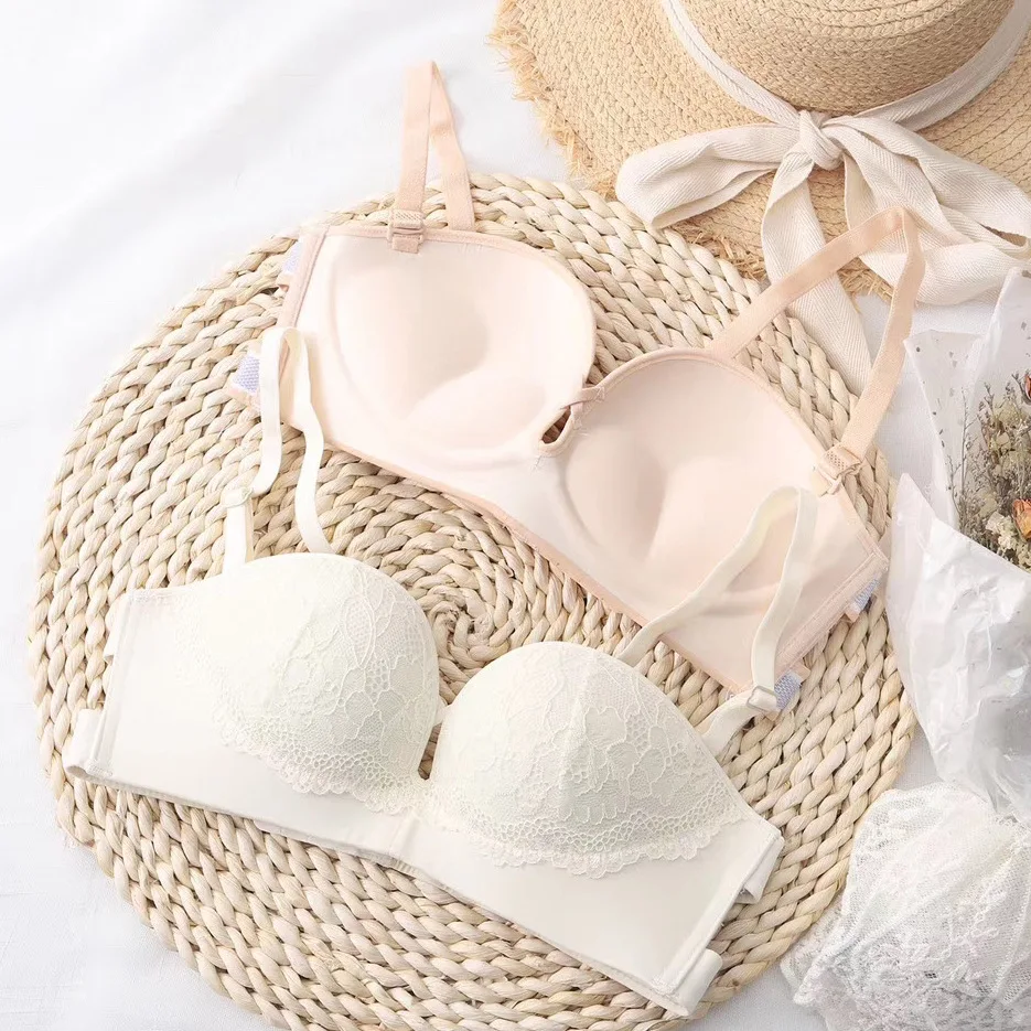 Sexy French Style Strapless Lace Low Chest Bras Comfy Breathable Without-rim Women Dress Lingerie Thin Cup Invisible Brassiere