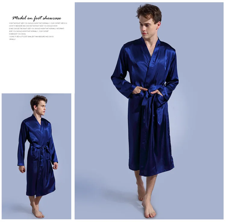 Mens Silk Satin Robes Pajamas Long Sleeve Solid Sleepwear Kimono Male Bathrobe Leisure Men Loungewear Dressing Gown 2019