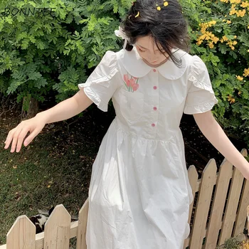 Vestido de manga corta para mujer, ropa Harajuku blanca, con cordones, color liso, para fiesta de verano 1