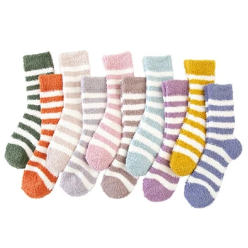 

10 Pairs Women Winter Cozy Warm Striped Slipper Socks Sweet Candy Color Thicken Coral Velvet Fuzzy Home Floor Sleeping Hosiery