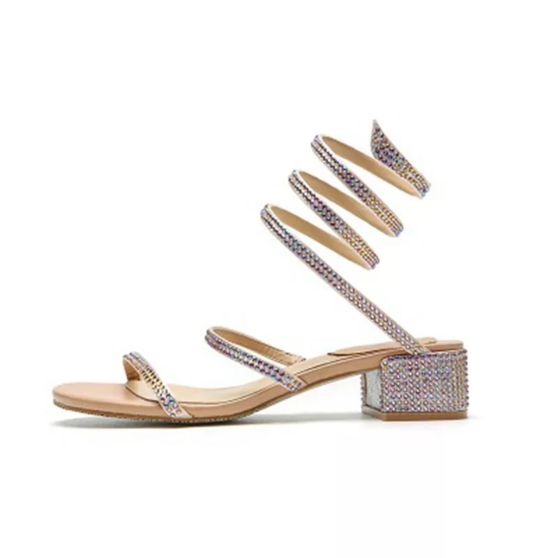 

Bohemia Women shoes Rhinestone Sandals Casual Summer Snake Retro Mid Heel Peep Toe single Snake-shaped Belt Sandals