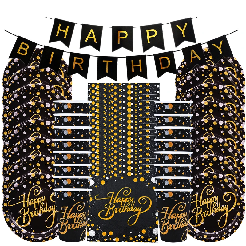49pcs/set Gold Black Birthday Party Tableware Set Happy Birthday Disposable Party Tableware Plates Cups Napkin Home Decoration
