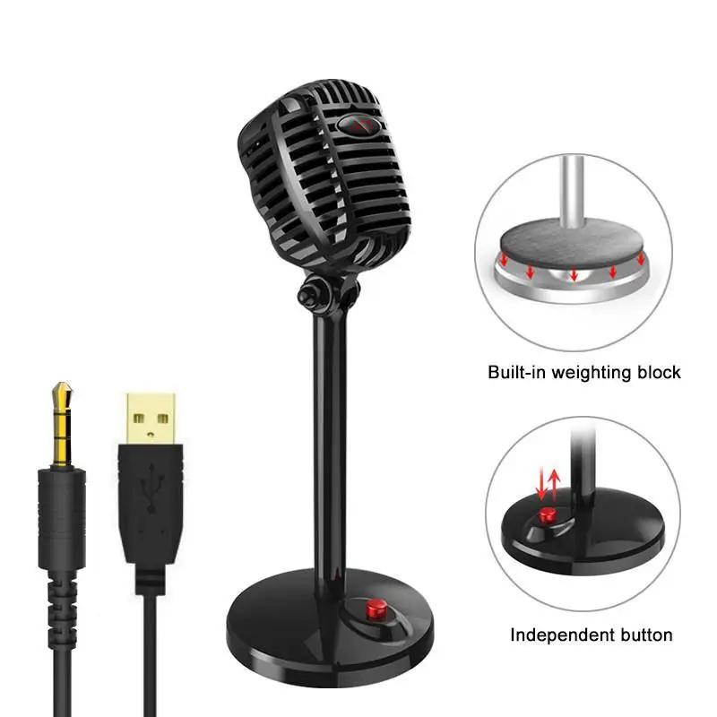 

Karaoke Microphone Wired Studio HD Noise Cancelling Condenser Tabletop USB 3.5mm Mircophone for Computer Professional Retro Mic