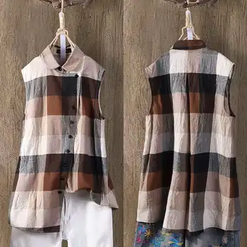 

ZANZEA 2020 Women's Checked Blouse Vintage Plaid Shirt Buttons Laple Neck SleevelessTanks Tops Casual Blusas Work Summer Top 5XL