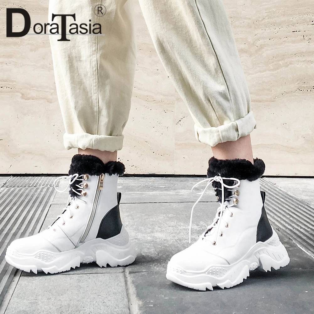 

DORATASIA New Luxury Brand women's Genuine Leather Winter Dad Shoes Fur Boots Ladies Warm Wedges Shoes Woman Ankle Boots Women