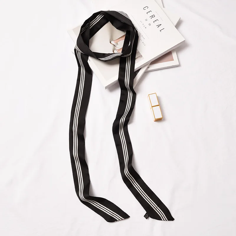 Маленький шелковый шарф женский весенний и осенний узкий полосатый шарф ...