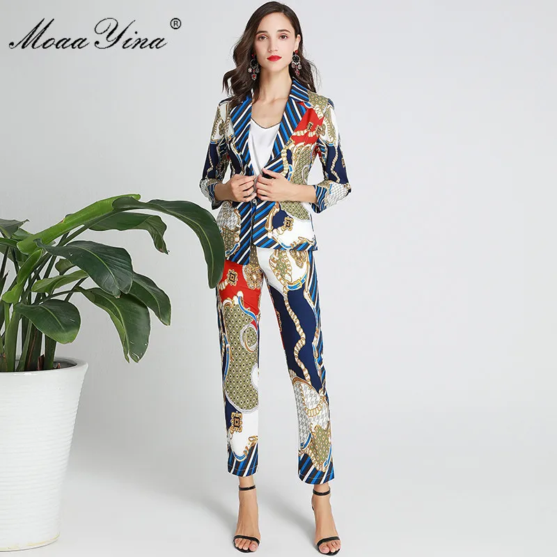 

MoaaYina Fashion Designer Set Spring Autumn Women Long sleeve Stripe Lace-Up Asymmetrical Suit Tops+trousers Two-piece suit