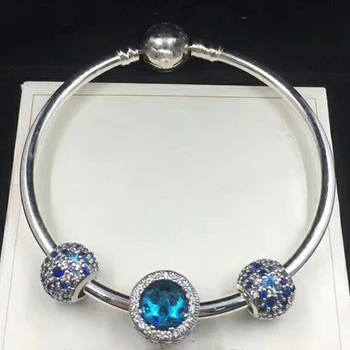 

NEW 100% 925 Sterling Silver 791261NSBMX SKY MOSAIC PAVE BALL CHARM BLUE RADIANT HEARTS CHARM Bracelet Set Boutique Jewelry