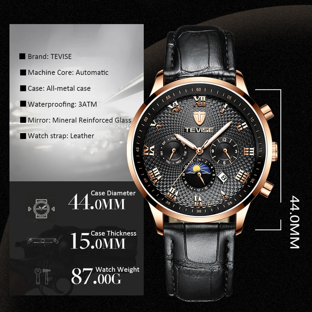 TEVISE T846A часы мужские водонепроницаемые механические наручные часы минеральное армированное стекло кожаный ремешок автоматические мужские наручные часы