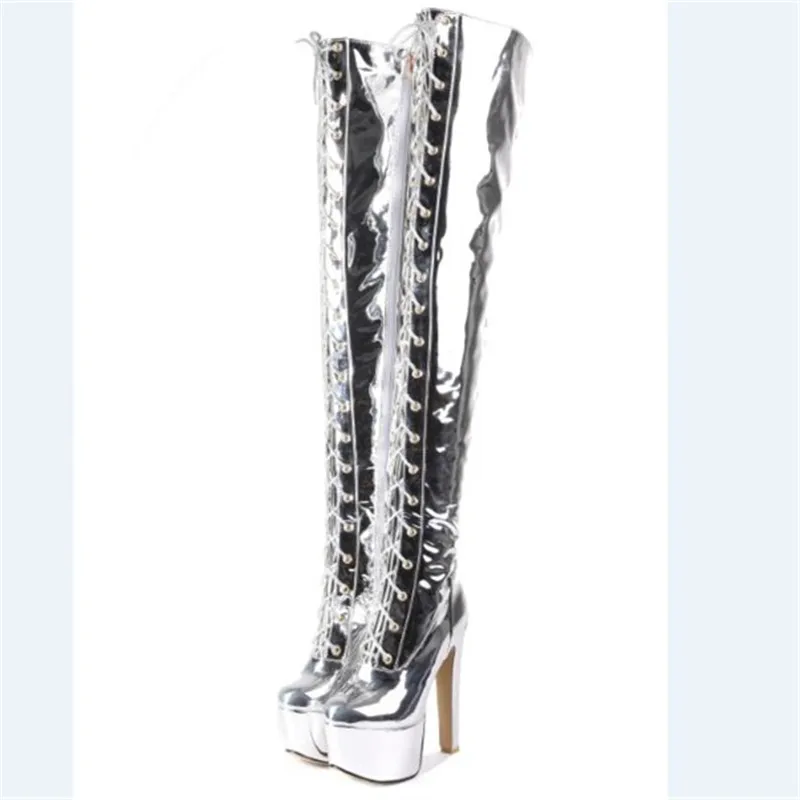 silver boots Новинка; женские ботфорты на очень тонком высоком каблуке-шпильке; женская обувь; женские вечерние сапоги для танцев на шесте; 48 - Цвет: silver boots
