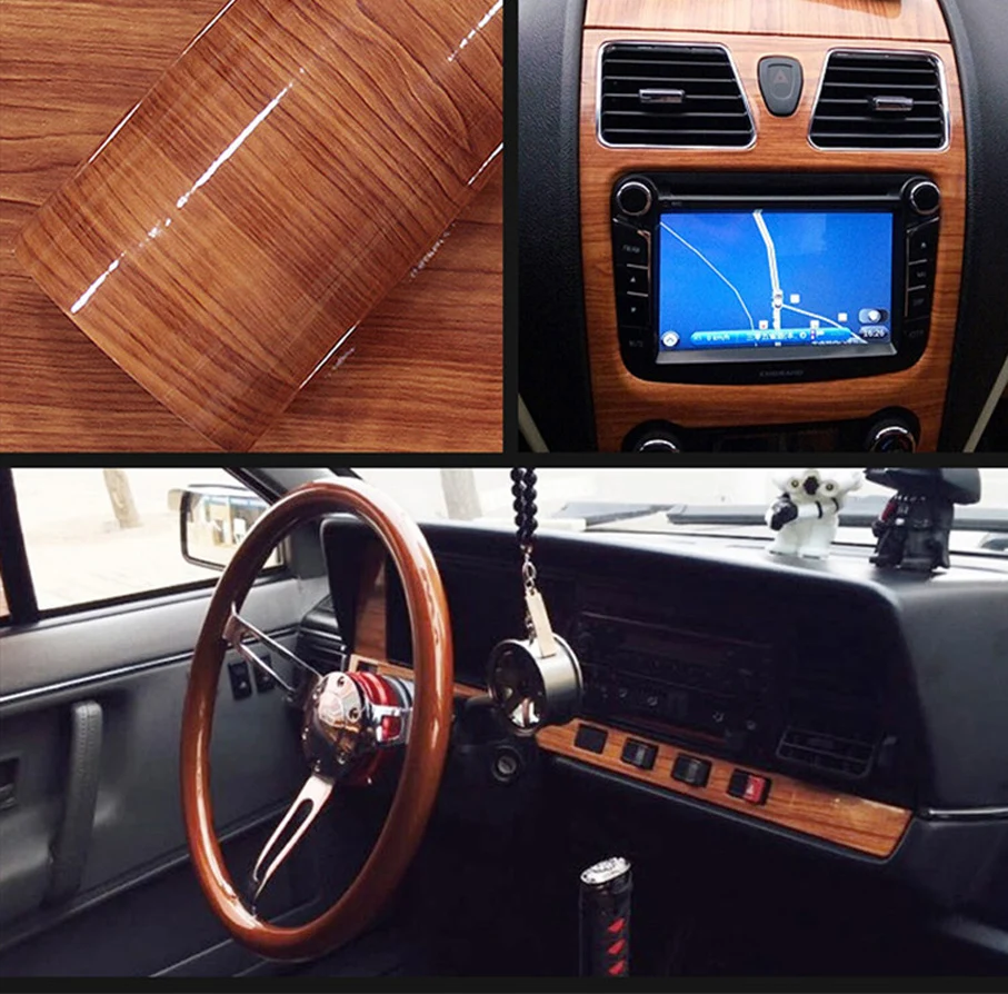 High Glossy Wood Grain Textured Vinyl Sticker Decal Roll Car Interior DIY Film Wrap Automobiles Waterproof Vinyl 7 Sizes Choice