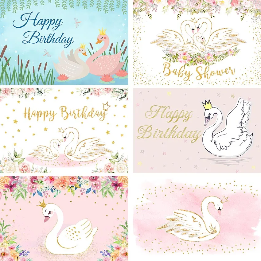 Happy Birthday Party Fondali White Swan Princess Golden Dot Girl Decoration Pink Photography Background Studio Photo Zone Props