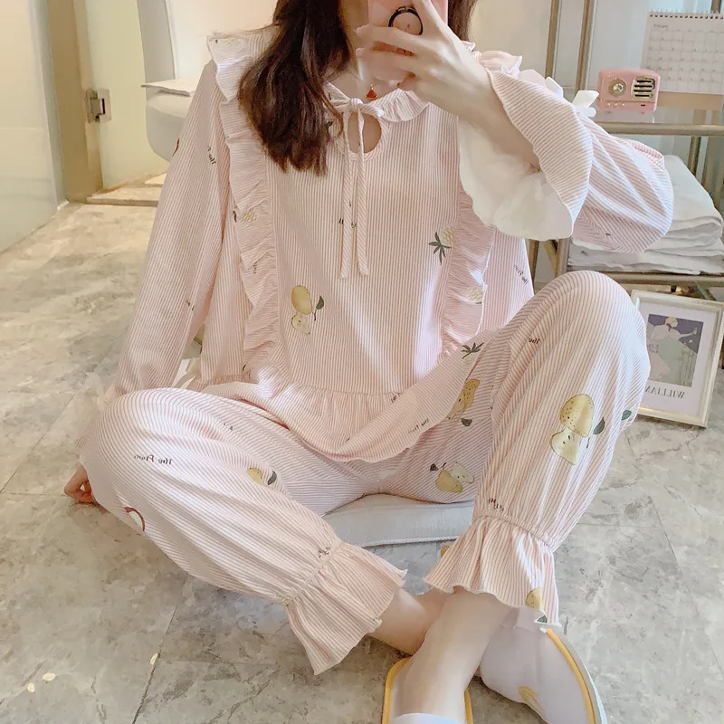 

218 # Pears Pineapple YD Pullover High Quality Long Sleeve Sweet Princess Style Pajamas Tracksuit Two-Piece Set