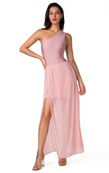 

Pink Long Women Bandage Dress Sexy One Shoulder Sleeveless Vestidos Summer Patchwork Split Bodycon Dresses Nightclub Party Wear