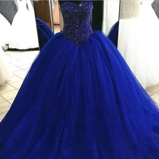 Королевский синий Милая Vestidos De 16 Anos тяжелое бисерное бальное платье Бальные платья