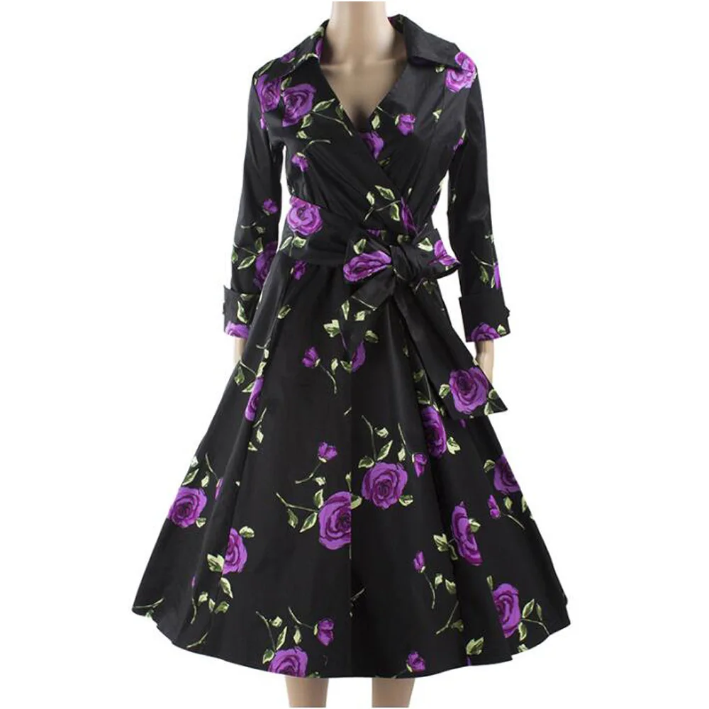 

Women Retro Floral Printed Dress Fashion Long Sleeve Autumn Shirt Dress With Belt Elegant Party Midi Dress Vestidos Plus Size