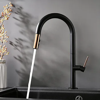 

Single Handle Hot And Cold Kitchen Faucet Dual-Function Shower Head Pull 360 Degree Rotating Faucet Matte (Black + Rose Gold)