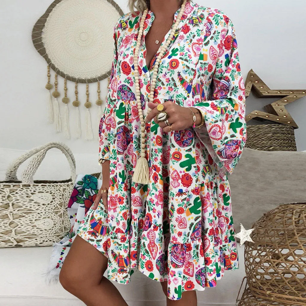 40# Loose Print Women's Dress Bohemian Vintage Elegant V neck Bohe Summer Dress 2021 Beach Evening Party Dress Платье Летнее
