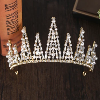 

Gold Wedding Hair Accessories Pearl Headpiece Crowns Crystal Tiaras Women Jewelry Bridal Diadems Queen Princess Headbands Party