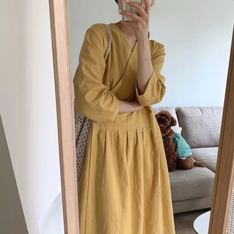 

Autumn Long Dress Cross V-neck Retro Dress Women Oversize Long Sleeve Casual Solid Loose Maxi Dress Korean Vintage Party Dress