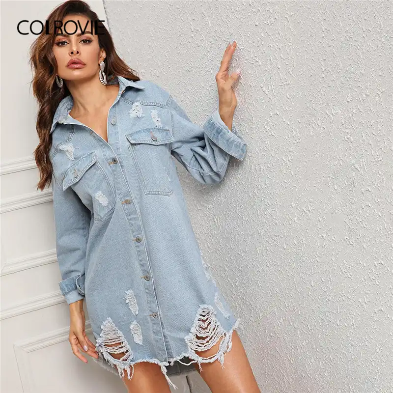 frayed denim shirt dress