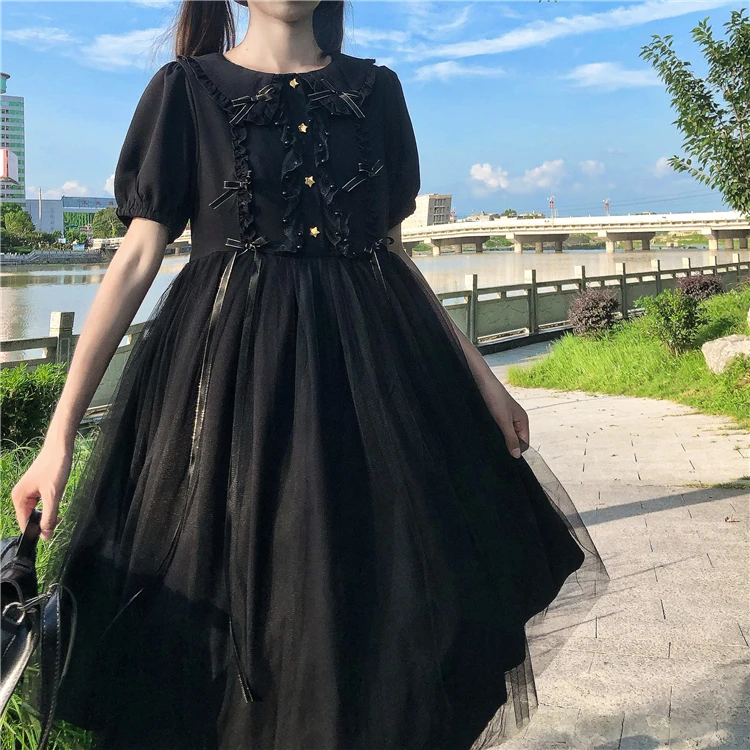 Japanese Summer Vintage College Style Dress Sweet Peter Pan Collar Soft Girl Bow Kawaii Puff Sleeve Black Gauze Fluffy Dresses