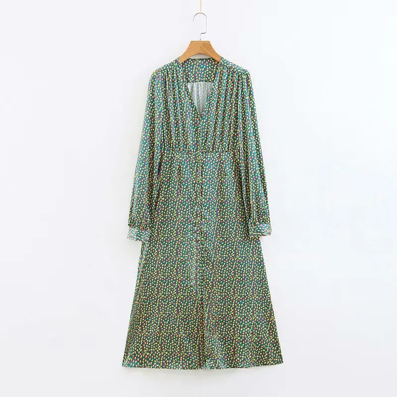 

Summer Europe And America New Style Loose-Fit Slimming Versatile Deep V-neck Green Small Flower Long Sleeve Mid-length Dress Wom
