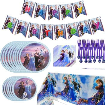

Disney Cartoon Frozen 2 Party Supplies Disposable Tableware Set Elsa Anna Birthday Party Decor Paper Straw Plates Cup Tablecloth